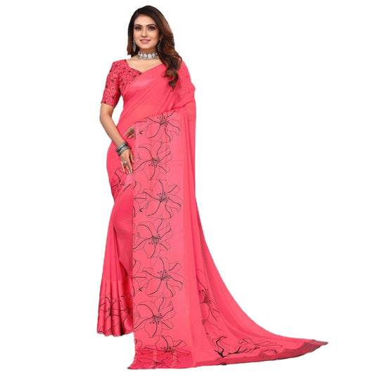 Amfyn Women's Sattin Patta Printed Saree With Unstitched Blouse (Pink, 5-5 Mtrs)