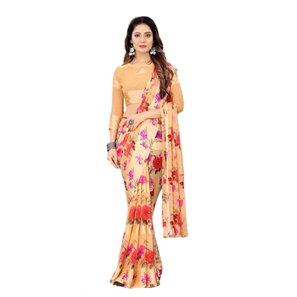 Amfyn Women's Sattin Patta Printed Saree With Unstitched Blouse (Beige, 5-5 Mtrs)