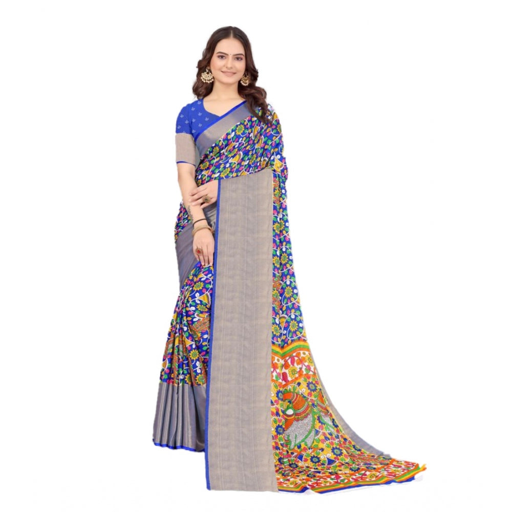 Amfyn Women's Chiffon Printed Saree With Unstitched Blouse (Blue, 5-5 Mtrs)