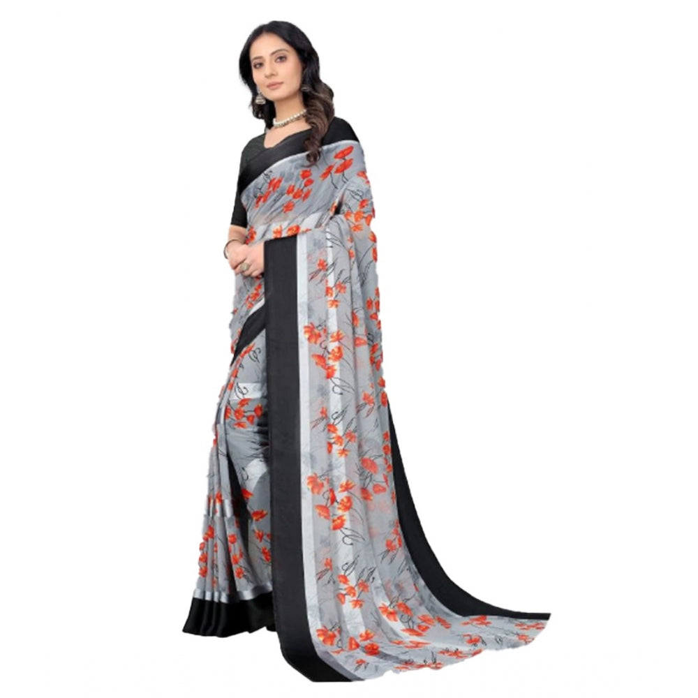 Amfyn Women's Sattin Patta Printed Saree With Unstitched Blouse (Grey, 5-5 Mtrs)