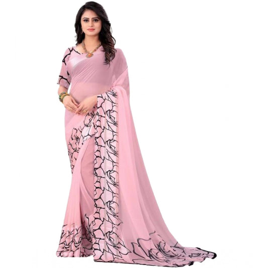 Amfyn Women's Sattin Patta Printed Saree With Unstitched Blouse (Pink, 5-5 Mtrs)