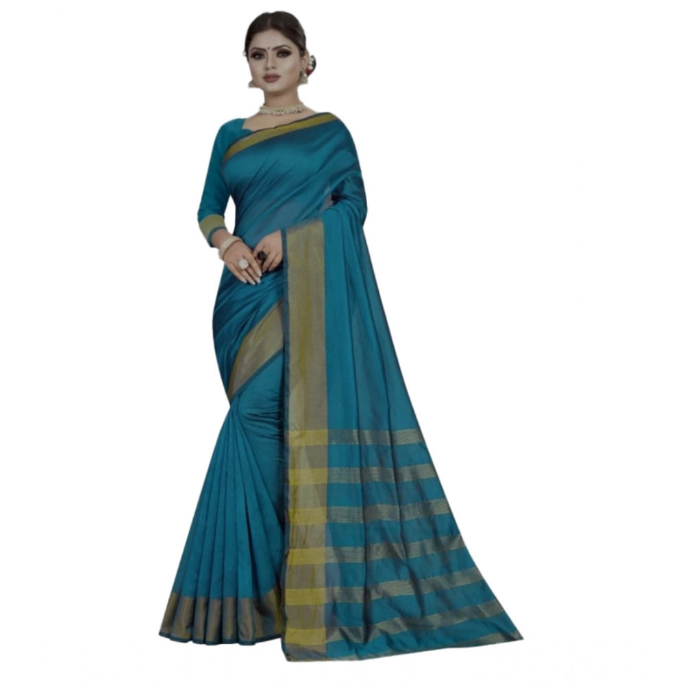 Amfyn Women's Cotton Woven Saree With Unstitched Blouse (Light Blue, 5-5 Mtrs)