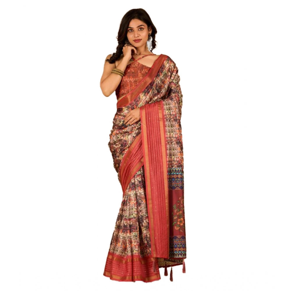 Amfyn Women's Digital Printed Saree With Unstitched Blouse (Peach, 5-5 Mtrs)