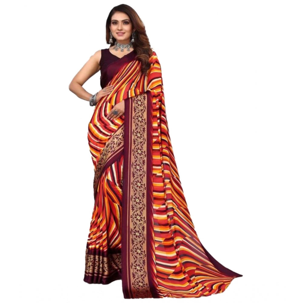 Amfyn Women's Sattin Patta Printed Saree With Unstitched Blouse (Maroon, 5-5 Mtrs)