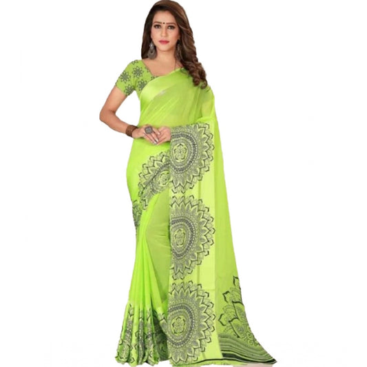 Amfyn Women's Sattin Patta Printed Saree With Unstitched Blouse (Green, 5-5 Mtrs)