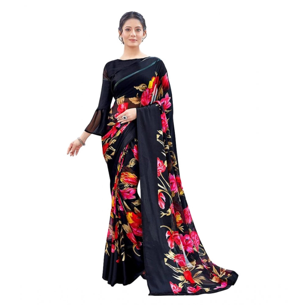 Amfyn Women's Sattin Patta Printed Saree With Unstitched Blouse (Black, 5-5 Mtrs)