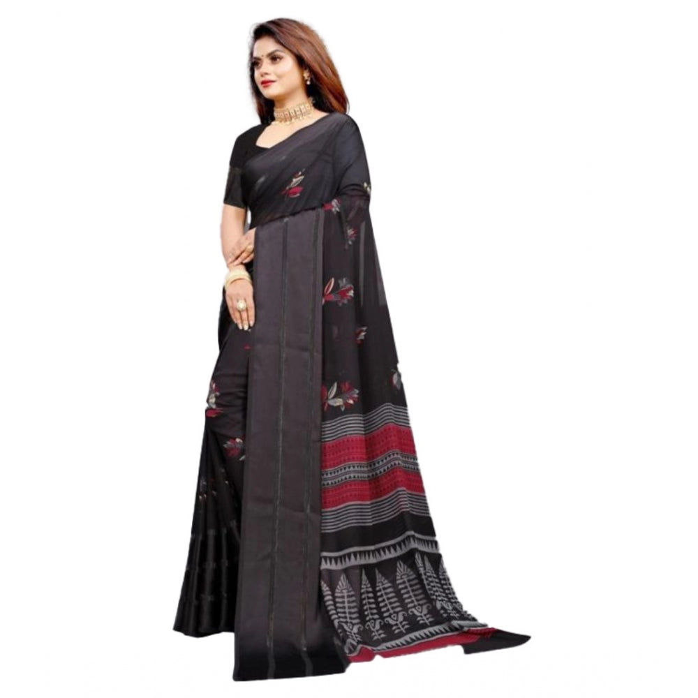 Amfyn Women's Sattin Patta Printed Saree With Unstitched Blouse (Black, 5-5 Mtrs)