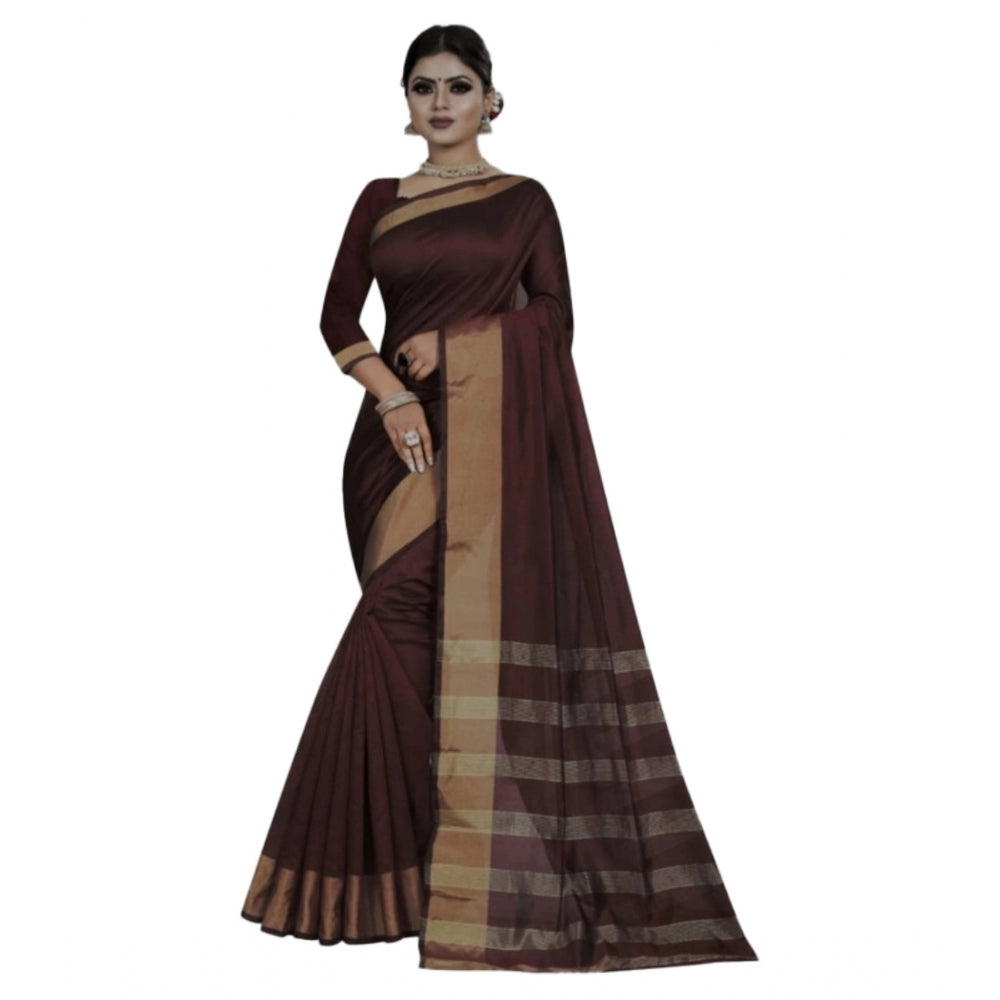 Amfyn Women's Cotton Woven Saree With Unstitched Blouse (Brown, 5-5 Mtrs)