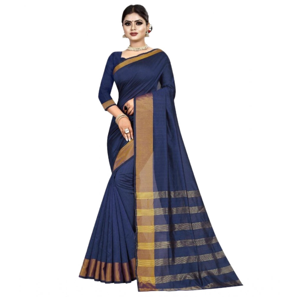 Amfyn Women's Cotton Woven Saree With Unstitched Blouse (Dark Blue, 5-5 Mtrs)