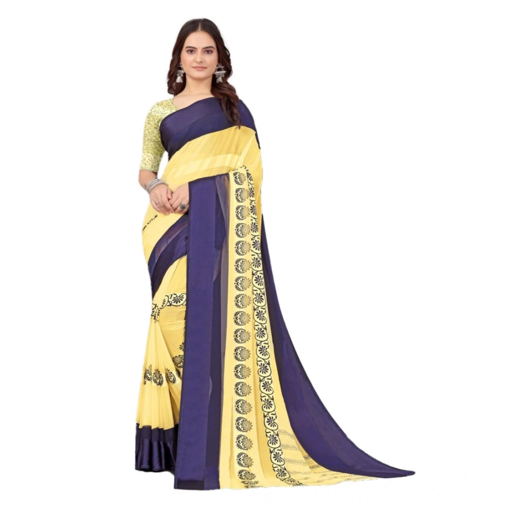 Amfyn Women's Sattin Patta Printed Saree With Unstitched Blouse (Yellow, 5-5 Mtrs)