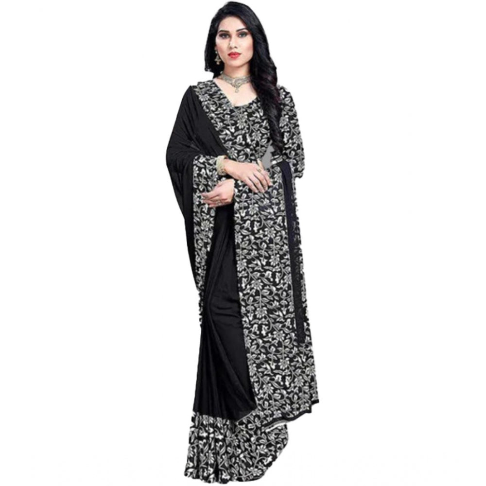 Amfyn Women's Sattin Patta Printed Saree With Unstitched Blouse (Black, 5-5 Mtrs)