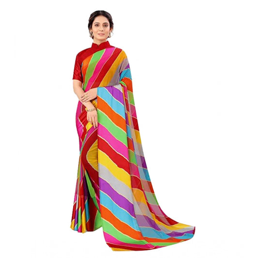 Amfyn Women's Sattin Patta Striped Saree With Unstitched Blouse (Red, 5-5 Mtrs)