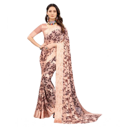 Amfyn Women's Sattin Patta Printed Saree With Unstitched Blouse (Brown, 5-5 Mtrs)