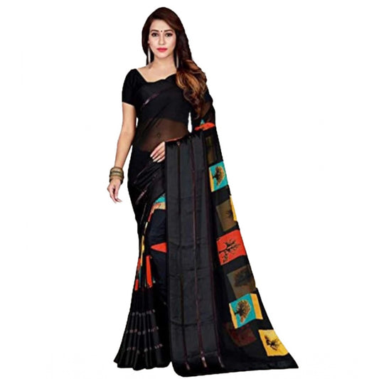 Amfyn Women's Sattin Patta Printed Saree With Unstitched Blouse (Black, 5-5 Mtrs)