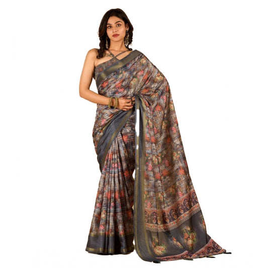 Amfyn Women's Digital Printed Saree With Unstitched Blouse (Grey, 5-5 Mtrs)