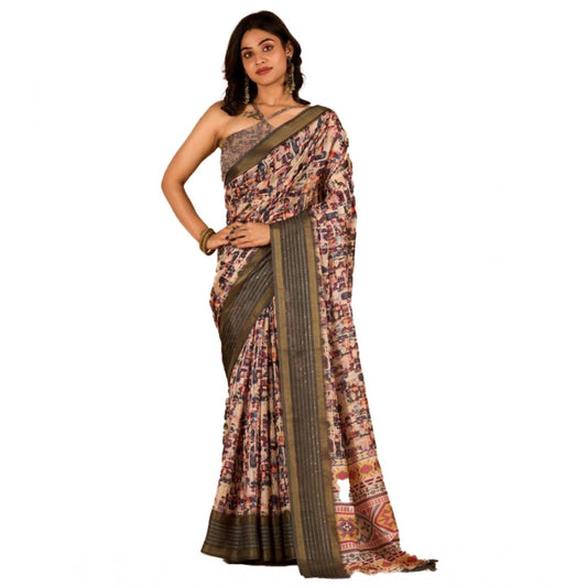 Amfyn Women's Digital Printed Saree With Unstitched Blouse (Beige, 5-5 Mtrs)