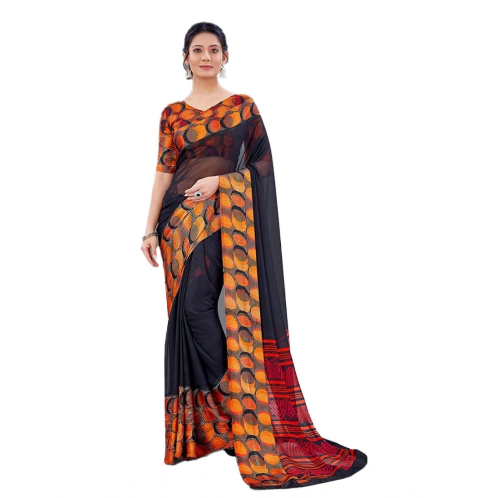 Amfyn Women's Sattin Patta Printed Saree With Unstitched Blouse (Black, 5-5 Mtrs)