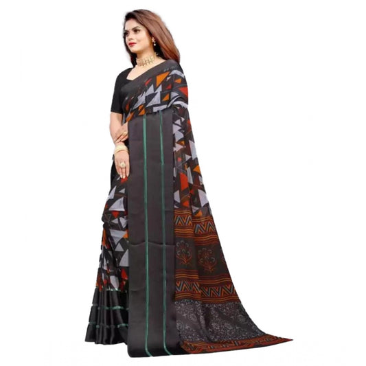 Amfyn Women's Sattin Patta Printed Saree With Unstitched Blouse (Black, 5-5 Mtrs)