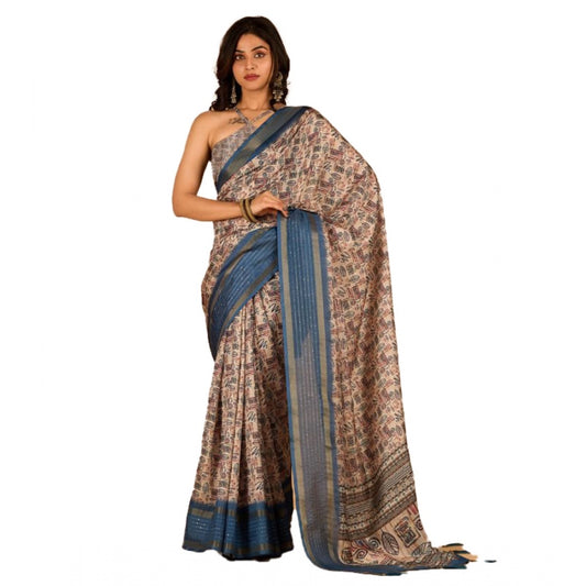 Amfyn Women's Digital Printed Saree With Unstitched Blouse (Navy, 5-5 Mtrs)