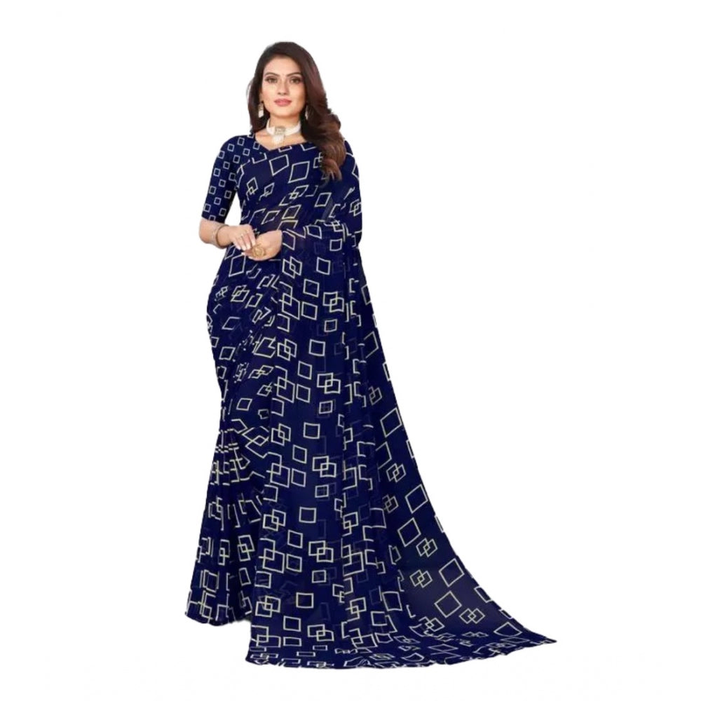 Amfyn Women's Georgette Printed Saree With Unstitched Blouse (Dark Blue, 5-5 Mtrs)