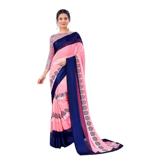 Amfyn Women's Sattin Patta Printed Saree With Unstitched Blouse (Pink, 5-5 Mtrs)