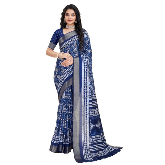 Amfyn Women's Dola Silk Printed Saree With Unstitched Blouse (Blue, 5-5 Mtrs)