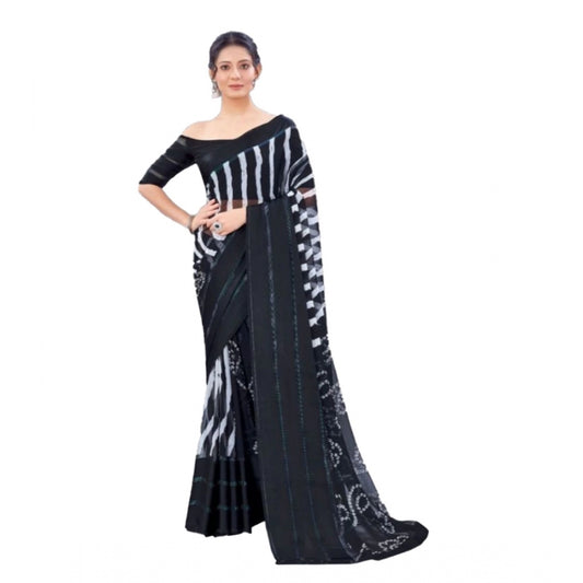 Amfyn Women's Sattin Patta Printed Saree With Unstitched Blouse (Black, 5-5 Mtrs)