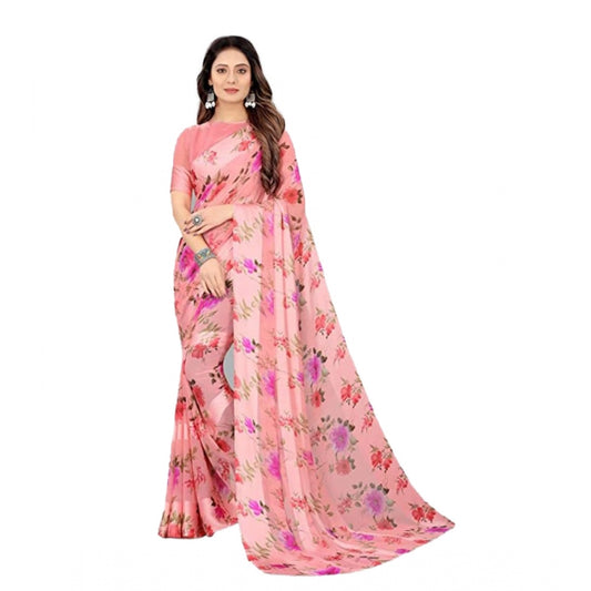 Amfyn Women's Sattin Patta Printed Saree With Unstitched Blouse (Pink, 5-5 Mtrs)