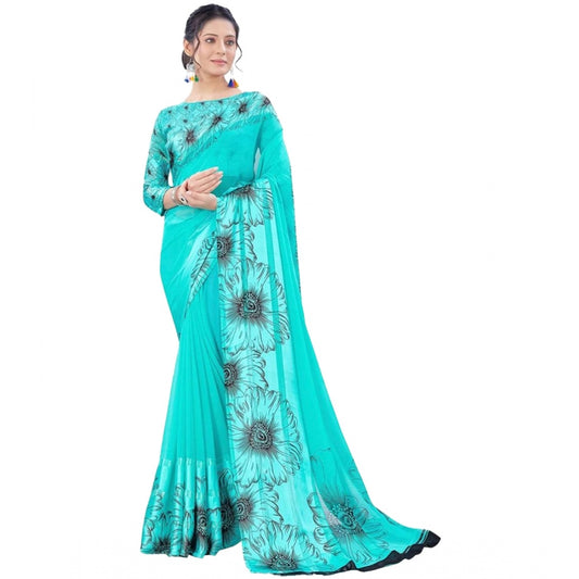 Amfyn Women's Sattin Patta Printed Saree With Unstitched Blouse (Teal, 5-5 Mtrs)