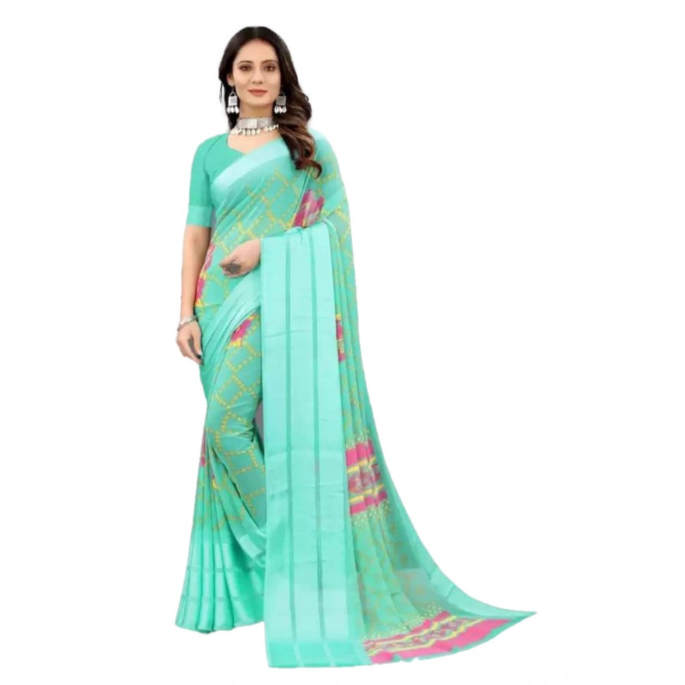 Amfyn Women's Sattin Patta Printed Saree With Unstitched Blouse (Green, 5-5 Mtrs)