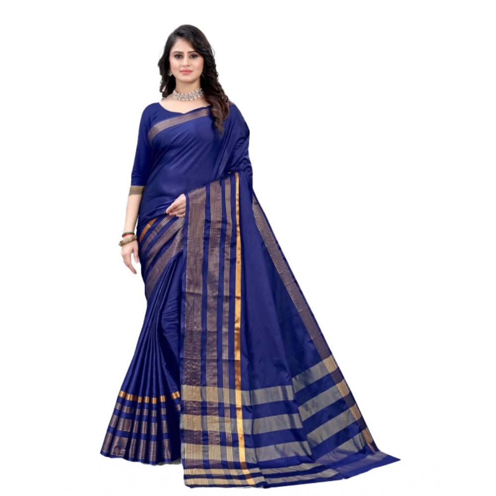 Amfyn Women's Cotton Woven Saree With Unstitched Blouse (Blue, 5-5 Mtrs)