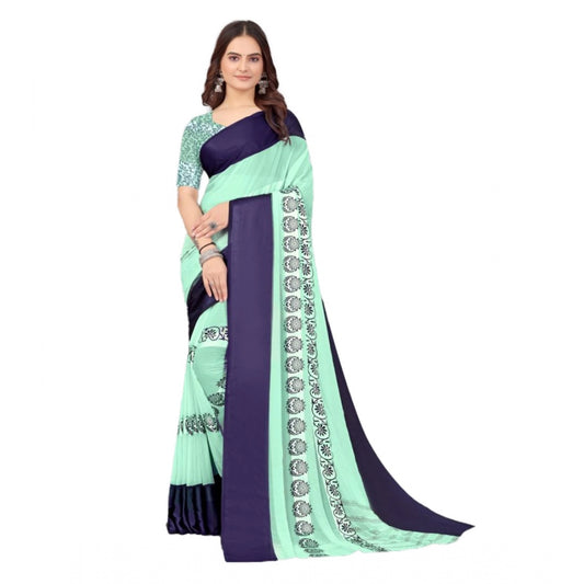 Amfyn Women's Sattin Patta Printed Saree With Unstitched Blouse (Blue, 5-5 Mtrs)