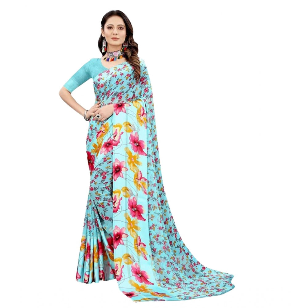 Amfyn Women's Sattin Patta Printed Saree With Unstitched Blouse (Blue, 5-5 Mtrs)