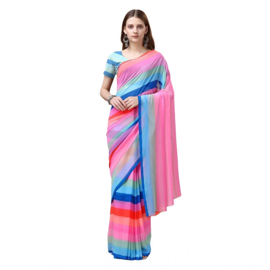 Amfyn Women's Georgette Striped Saree With Unstitched Blouse (Multicolor, 5-5 Mtrs)