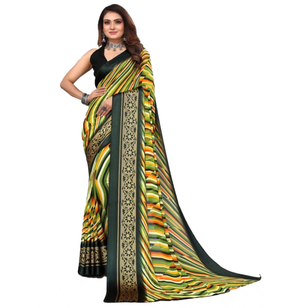 Amfyn Women's Sattin Patta Printed Saree With Unstitched Blouse (Green, 5-5 Mtrs)