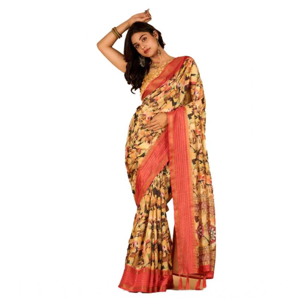 Amfyn Women's Digital Printed Saree With Unstitched Blouse (Yellow, 5-5 Mtrs)