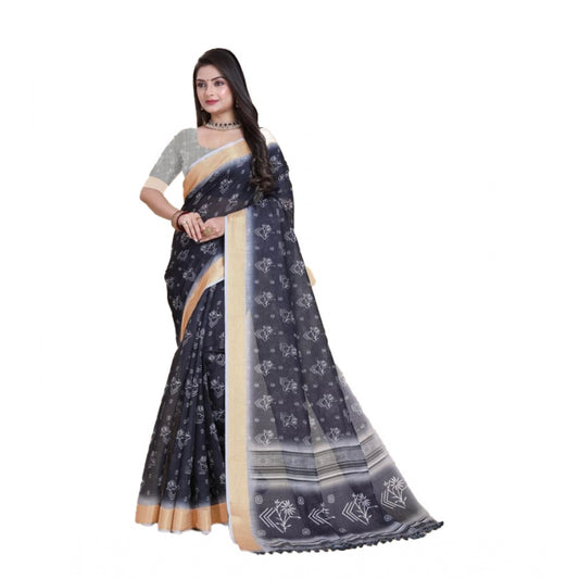 Amfyn Women's Linen Printed Saree With Unstitched Blouse (Black, 5-5 Mtrs)