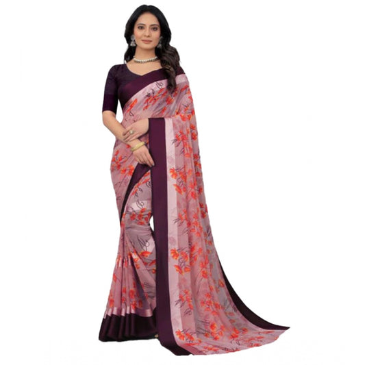 Amfyn Women's Sattin Patta Printed Saree With Unstitched Blouse (Pink, 5-5 Mtrs)