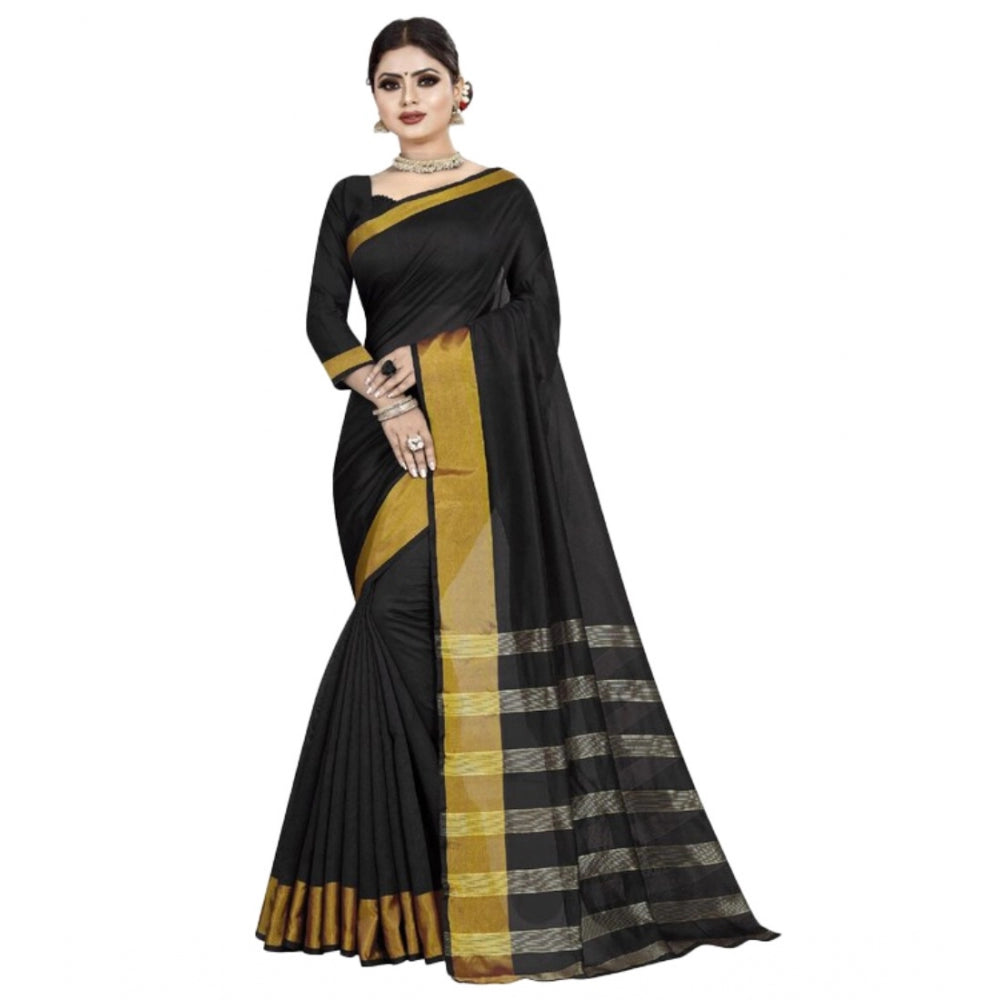 Amfyn Women's Cotton Woven Saree With Unstitched Blouse (Black, 5-5 Mtrs)