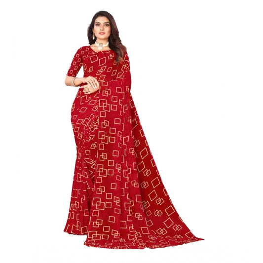 Amfyn Women's Georgette Printed Saree With Unstitched Blouse (Red, 5-5 Mtrs)