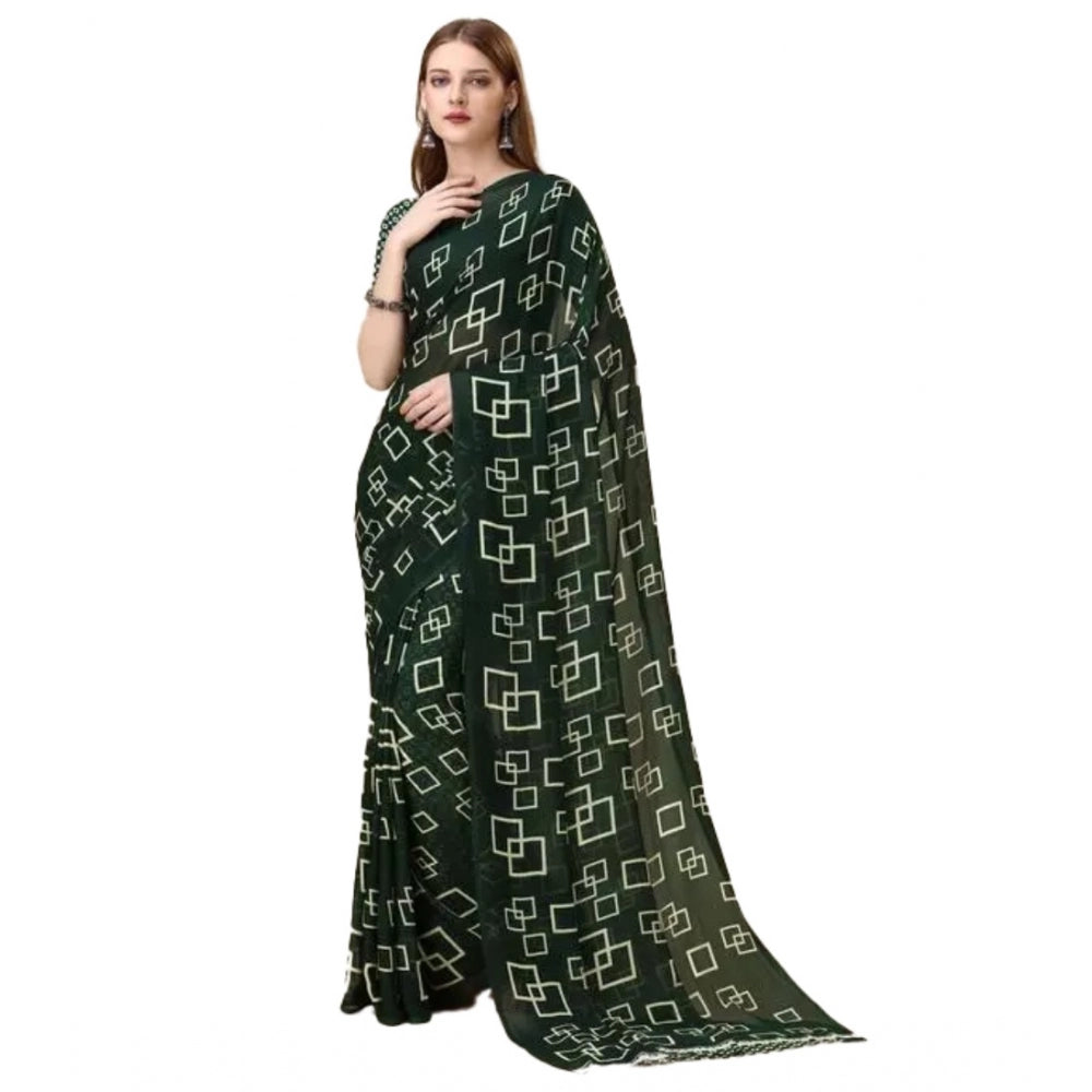 Amfyn Women's Georgette Printed Saree With Unstitched Blouse (Green, 5-5 Mtrs)