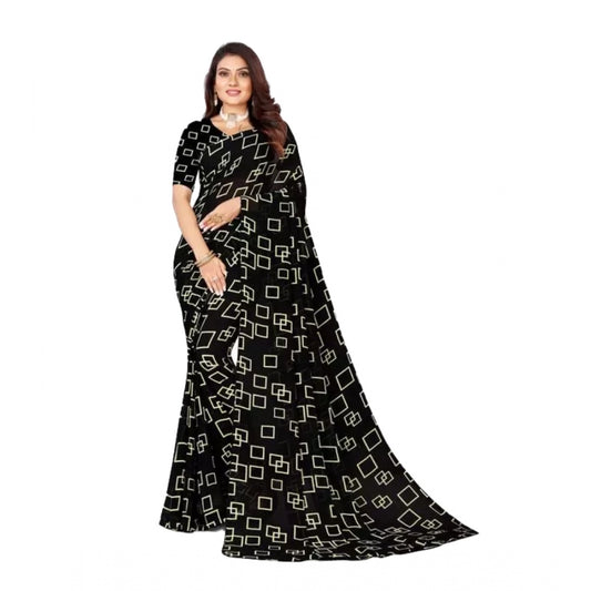 Amfyn Women's Georgette Printed Saree With Unstitched Blouse (Black, 5-5 Mtrs)