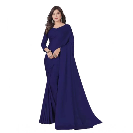 Amfyn Women's Georgette Solid Saree With Unstitched Blouse (Navyblue, 5-5 Mtrs)