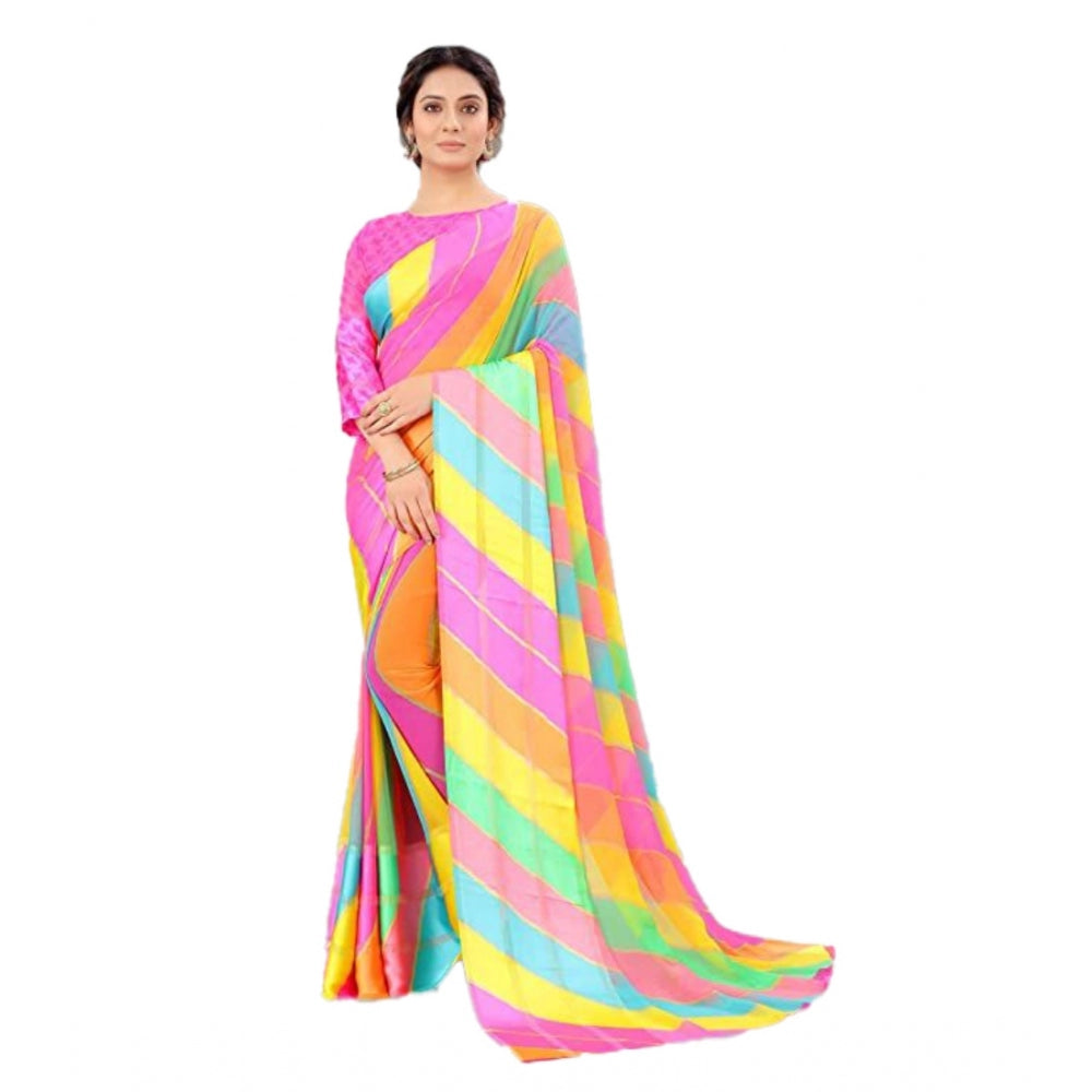 Amfyn Women's Sattin Patta Striped Saree With Unstitched Blouse (Pink, 5-5 Mtrs)