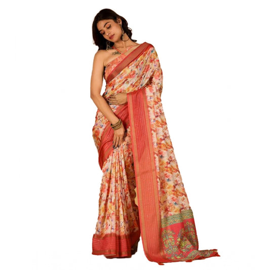 Amfyn Women's Digital Printed Saree With Unstitched Blouse (Orange, 5-5 Mtrs)