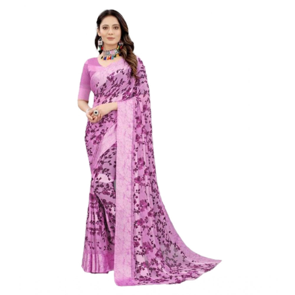 Amfyn Women's Sattin Patta Printed Saree With Unstitched Blouse (Purple, 5-5 Mtrs)