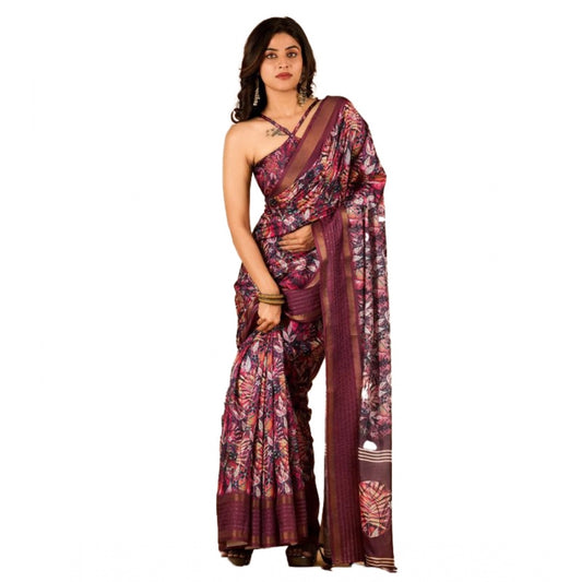 Amfyn Women's Digital Printed Saree With Unstitched Blouse (Wine, 5-5 Mtrs)