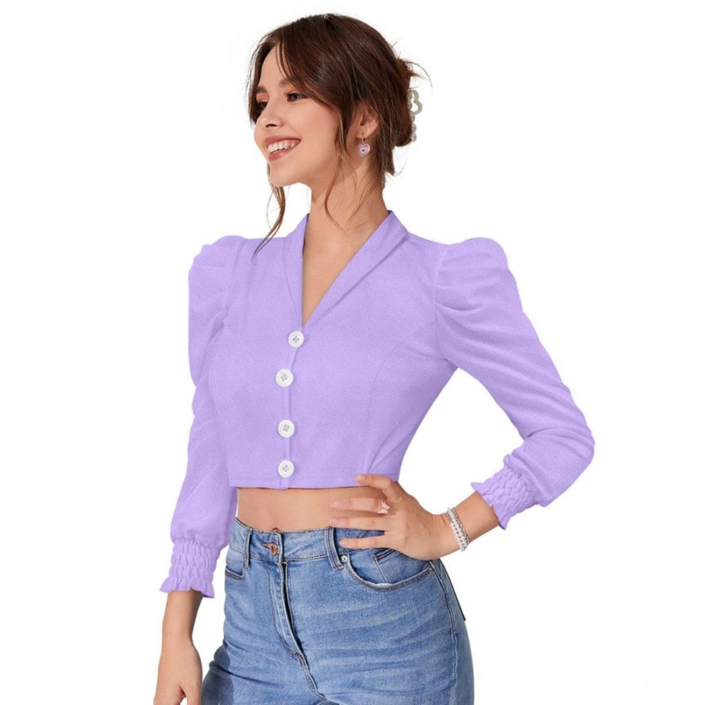 Amfyn Women's Polyester Solid Puff Sleeves Lapel Collar Top (Purple)