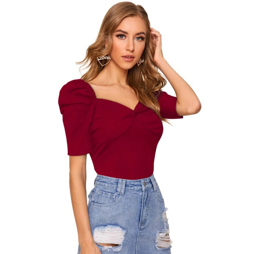 Amfyn Women's Polyester Solid Puff Short Sleeves Sweetheart Neck Top (Maroon)