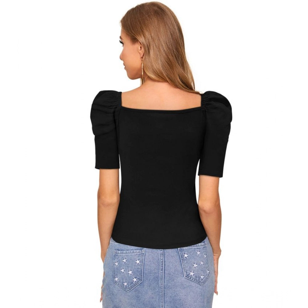 Amfyn Women's Polyester Solid Puff Short Sleeves Sweetheart Neck Top (Black)